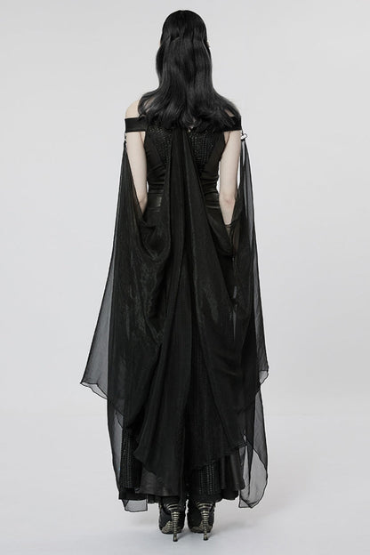 Black Side Slit Hollow Lace-Up Slim Mesh Women's Gothic Dress with Detachable Cape