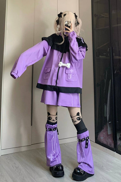 Purple Long Sleeves Cat Ears Hooded Jirai Kei Japanese Shorts Coat Set