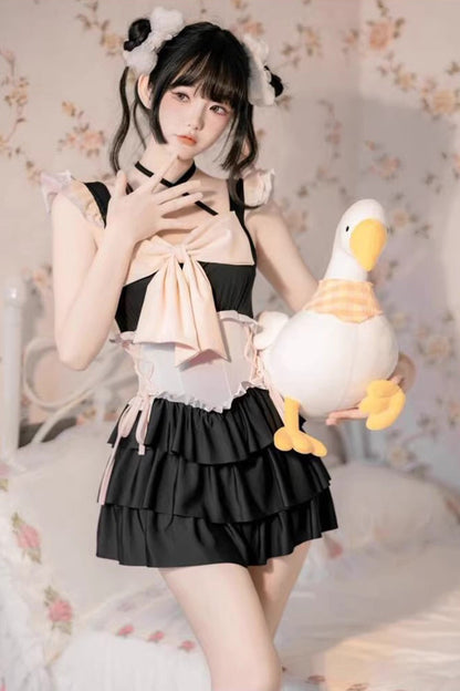 Black/Pink Summer Sweetheart Triple-Layered Ruffled Bow Sweet Lolita Bubble Swimsuit