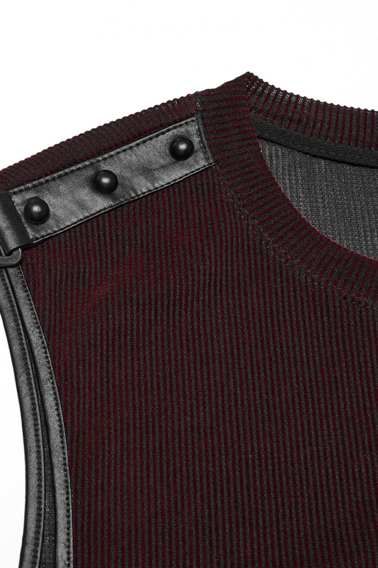 Black/Red Round Collar Sheer Mesh Color Matching Rivet Men's Punk Vest