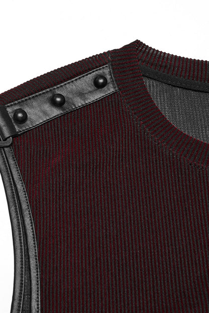 Black/Red Round Collar Sheer Mesh Color Matching Rivet Men's Punk Vest