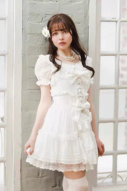 Jirai Kei Short Sleeves Triple-Layered Printed Ruffled Bow Lace-Up Sweet Japanese Dress Set 3 Colors