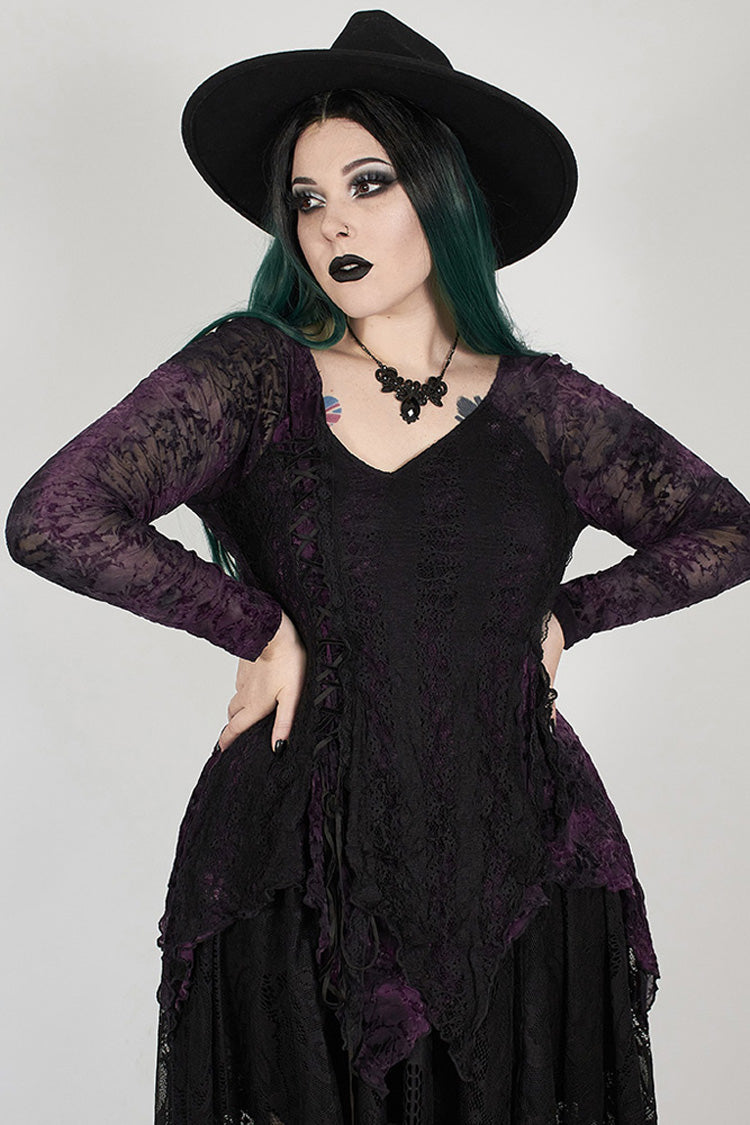Purple V-Neck Front Splice Rose Lace Mesh Back Waist Lace-Up Irregular Hem Plus Size Knit Women's Gothic T-Shirt