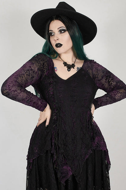 Purple V-Neck Front Splice Rose Lace Mesh Back Waist Lace-Up Irregular Hem Plus Size Knit Women's Gothic T-Shirt