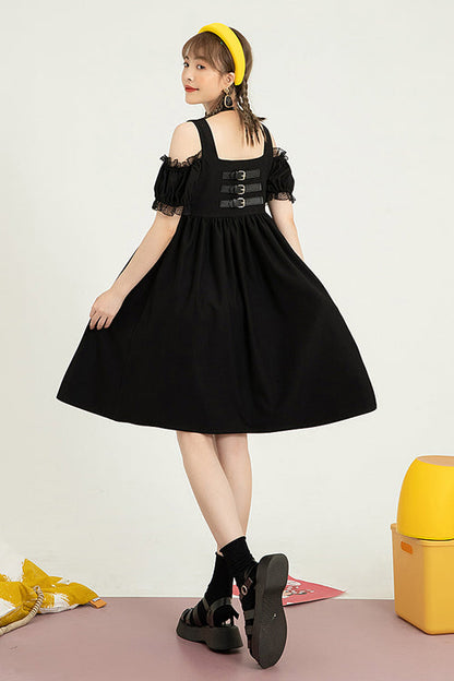 Black Puff Short Sleeve High Waisted Two Ways To Wear Before And After Sweet Lolita Dress
