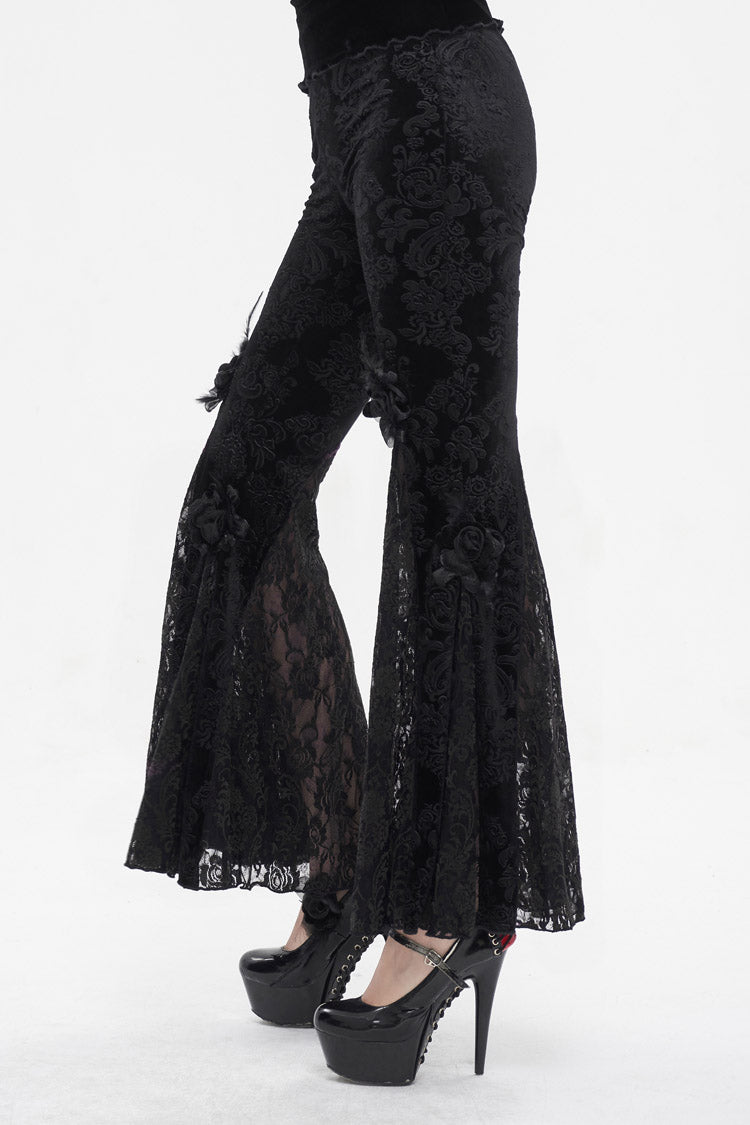 Black Printed Lace Embroidered Women's Gothic Flared Pants