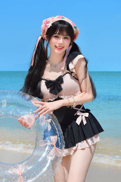 Black/Pink Ruffle Bowknot Lace-Up Sweet Lolita One-piece Swimsuit