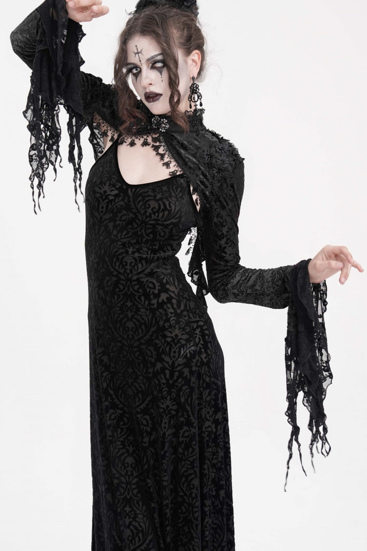 Black Stand Collar Long Sleeves Lace Tassels Women's Gothic Cape