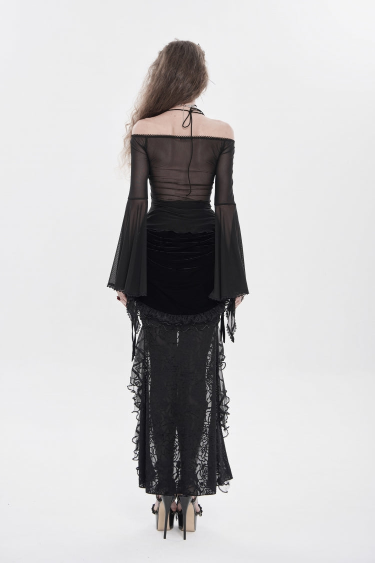 Black/Red Off Shoulder Long Trumpet Sleeves Ruffled Embroidered Lace-Up Women's Gothic Blouse