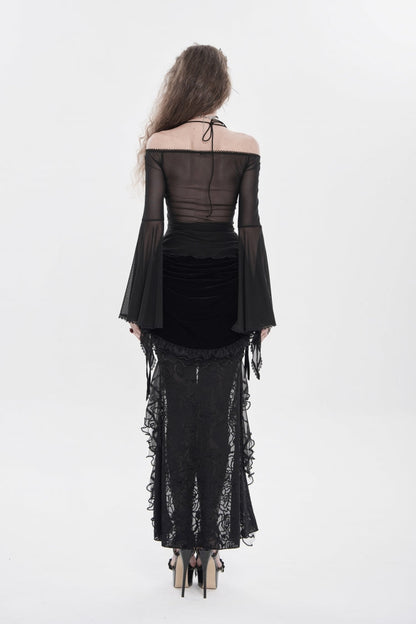 Black/Red Off Shoulder Long Trumpet Sleeves Ruffled Embroidered Lace-Up Women's Gothic Blouse