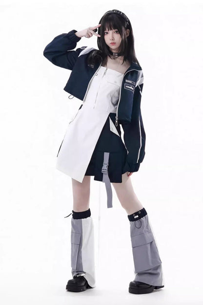 Blue/White [Message Overload] Techwear Long Sleeves Embroidered Asymmetric Zippered Jirai Kei Dress Short Coat Set