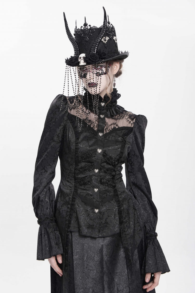 Black Stand Collar Long Sleeves Jacquard Hollow Lace Women's Gothic Blouse