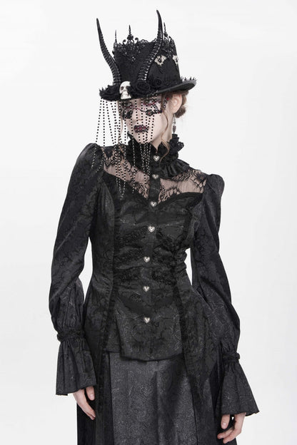 Black Stand Collar Long Sleeves Jacquard Hollow Lace Women's Gothic Blouse