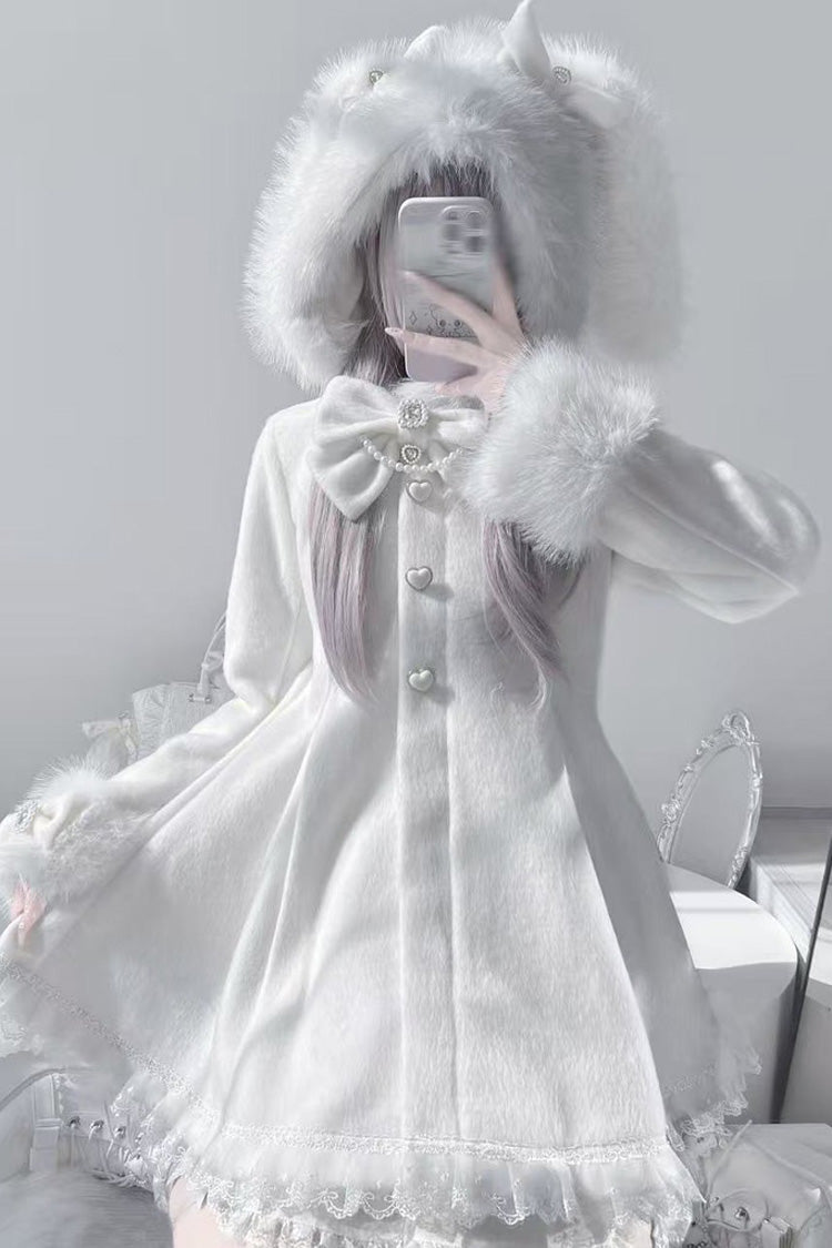 Ivory Long Sleeves Bowknot Rabbit Ears Detachable Hooded Japanese Jirai Kei Coat