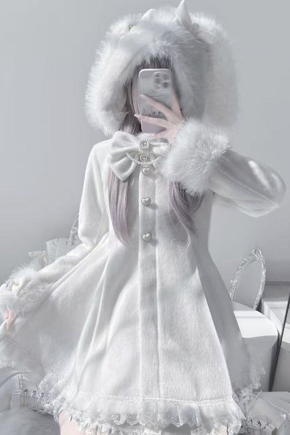 Ivory Long Sleeves Bowknot Rabbit Ears Detachable Hooded Japanese Jirai Kei Coat