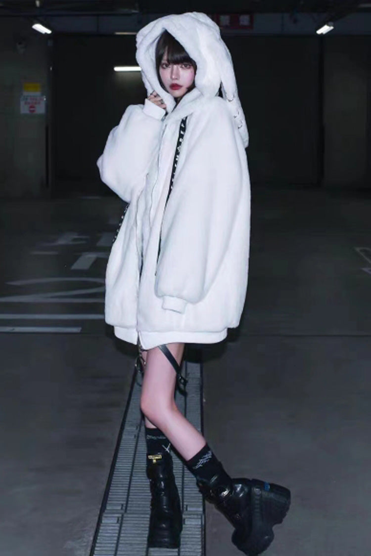 White Rabbit Ears Long Sleeves Hooded Punk Jirai Kei Coat