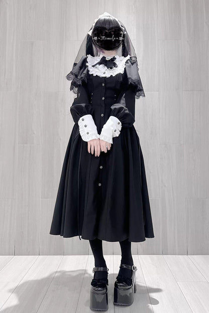 Black/White [Silent Prayer] Long Sleeves Ruffled Bow Lace-Up Gothic Jirai Kei Long Dress