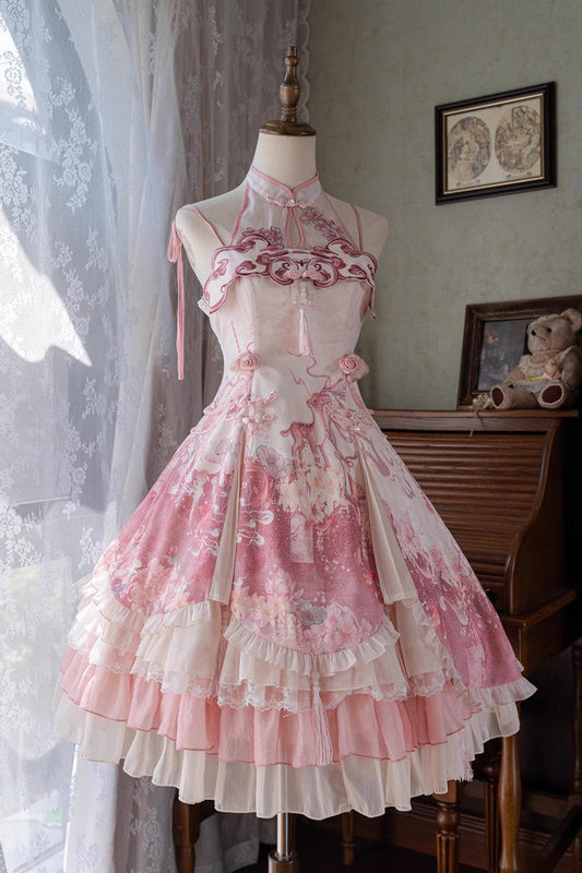 Pink [Flower Feast] Multi-Layered Print Ruffle Bowknot Sweet Chinese Style Lolita Jsk Dress