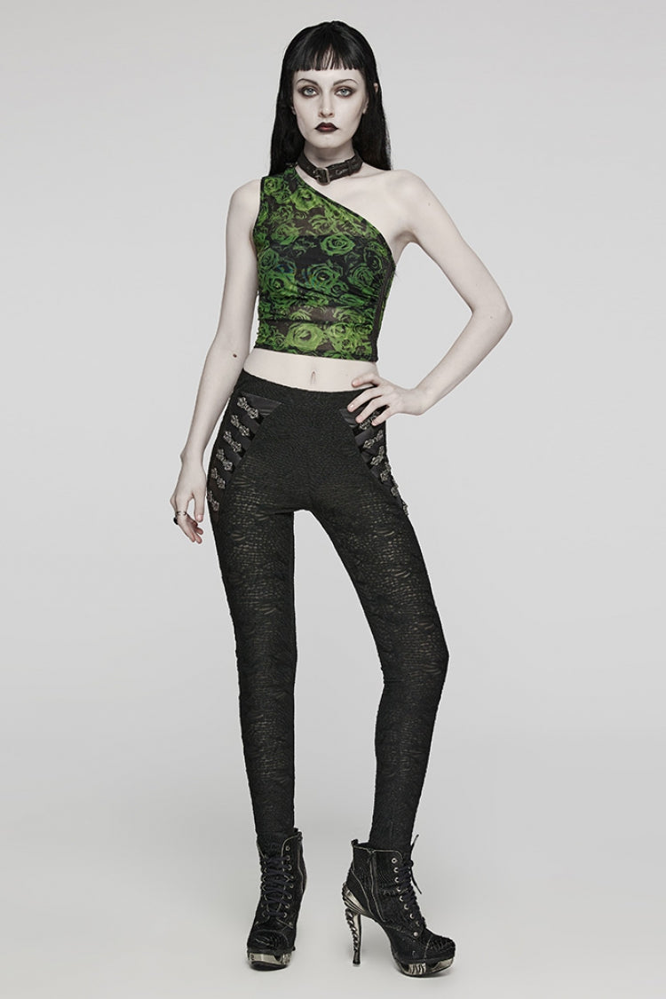 Black Print Slim Mesh Button Decoration Women's Gothic Leggings