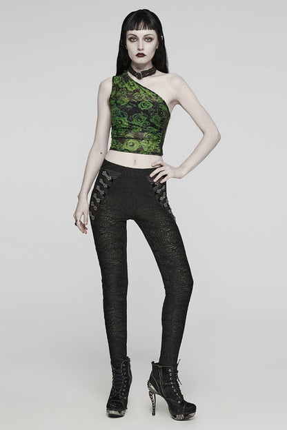 Black Print Slim Mesh Button Decoration Women's Gothic Leggings