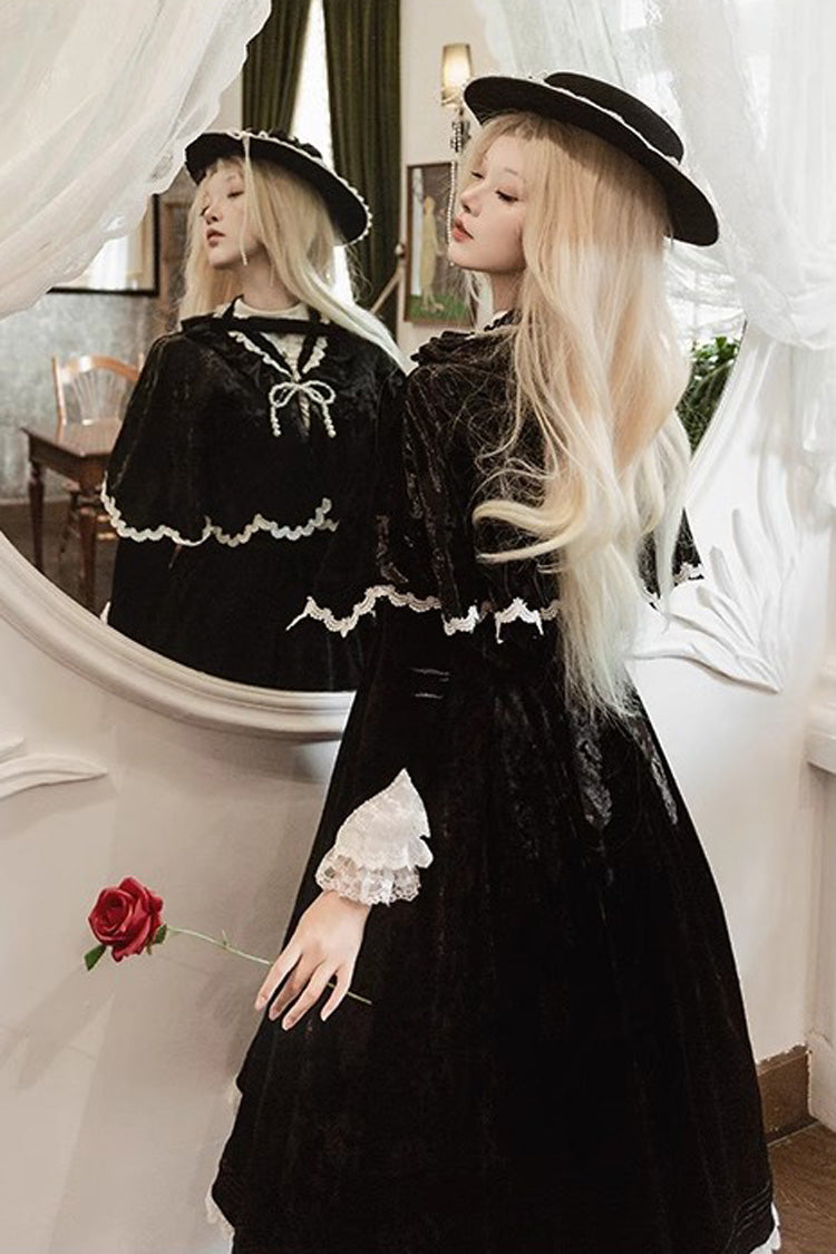 Black [Whispering Castle] Long Sleeves Ruffle Bowknot Lace Gothic Lolita Dress