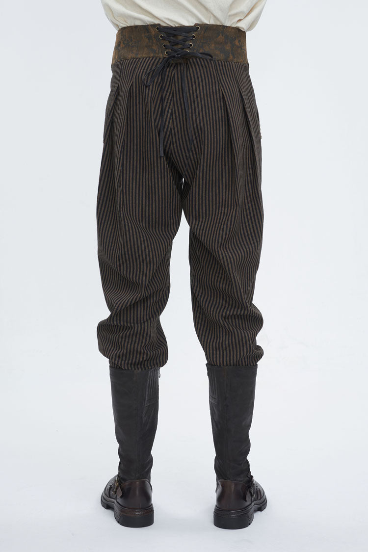 Brown High Waisted Striped  Lace-Up Men's Gothic Pants