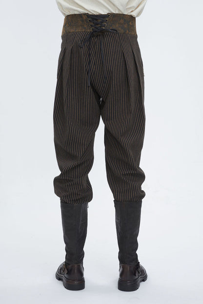 Brown High Waisted Striped  Lace-Up Men's Gothic Pants