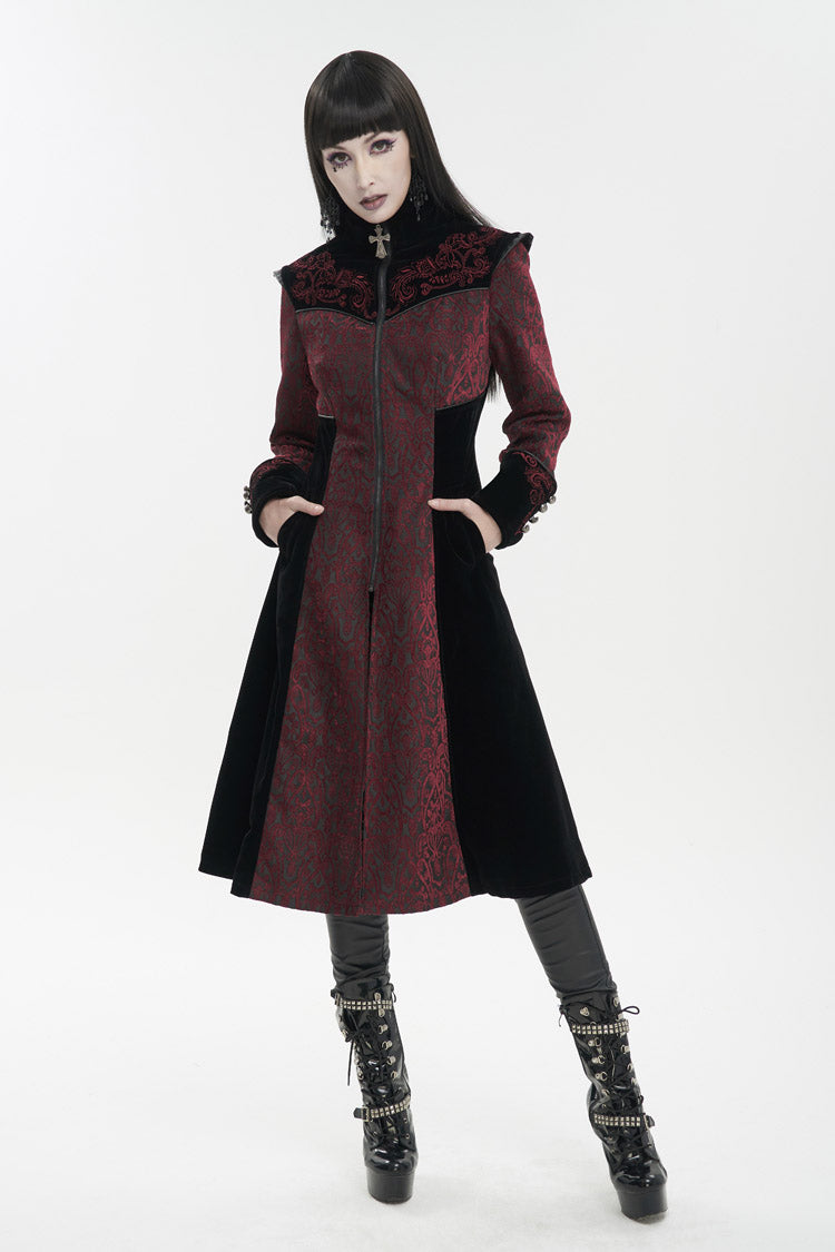 Red Jacquard Studded Mushroom Buckle Metal Cross Embroidered Women's Gothic Coat