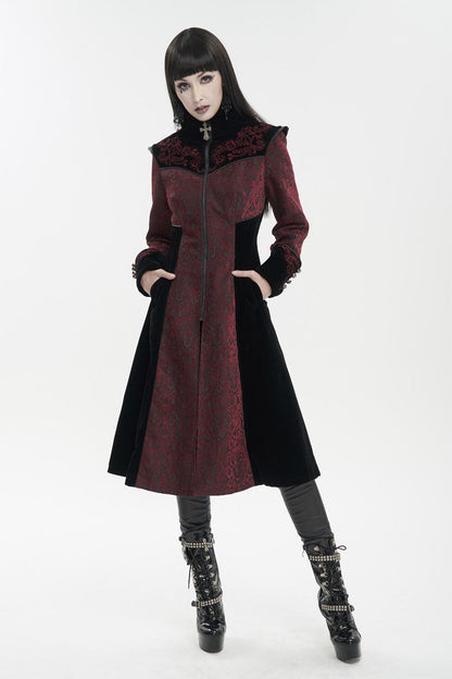Red Jacquard Studded Mushroom Buckle Metal Cross Embroidered Women's Gothic Coat