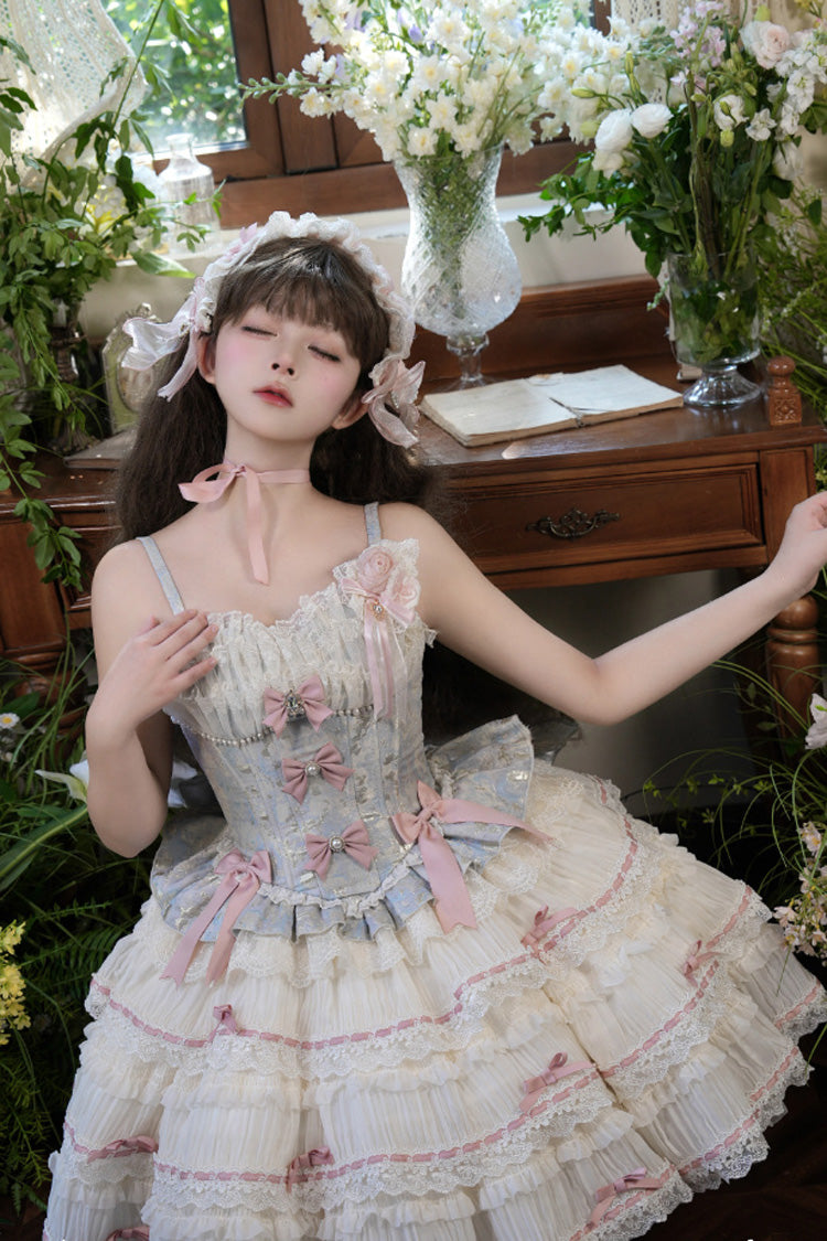 Blue/Apricot [Sea Salt Souffle] Sleeveless Multi-Layered Bowknot Lace Sweet Ballet Lolita Jsk Dress