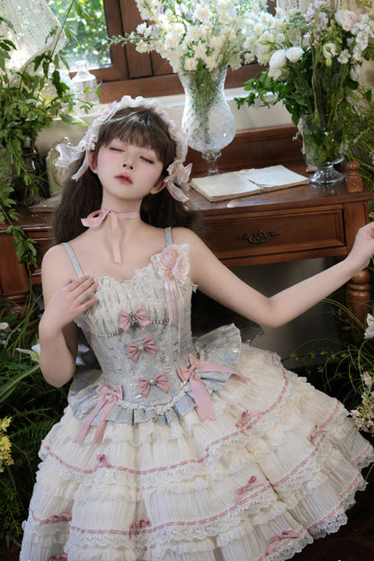Blue/Apricot [Sea Salt Souffle] Sleeveless Multi-Layered Bowknot Lace Sweet Ballet Lolita Jsk Dress