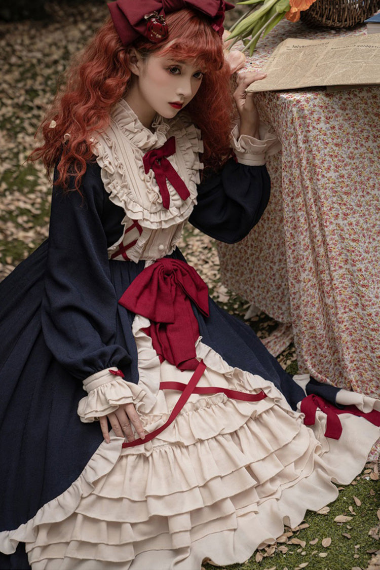 Blue Round Collar Bowknot Long Sleeves Multi-Layer Ruffled Sweet Lolita OP Dress (Plus Size Version)