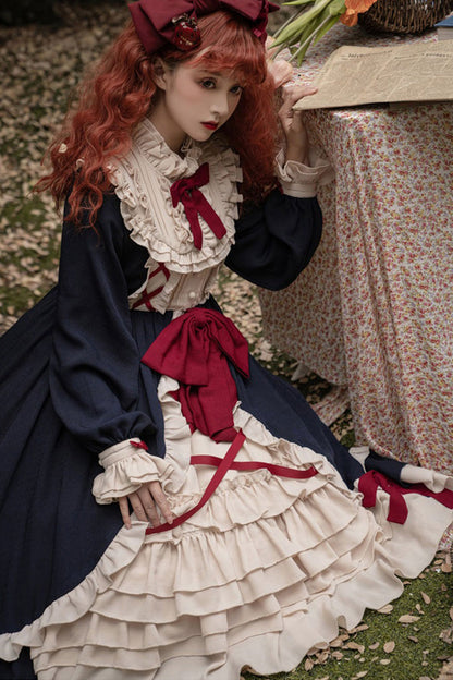 Blue Round Collar Bowknot Long Sleeves Multi-Layer Ruffled Sweet Lolita OP Dress