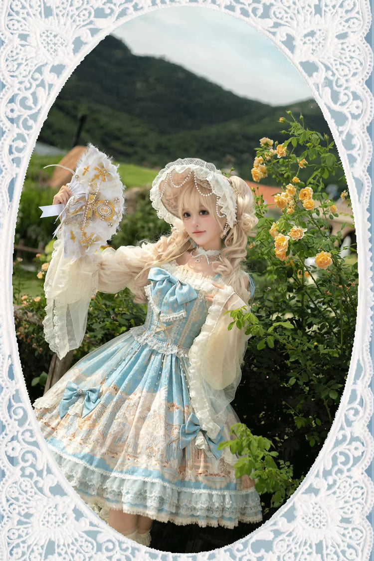 Blue [Unicorn] Print Sleeveless Multi-Layered Embroidery Bowknot Lace Sweet Lolita Jsk Dress