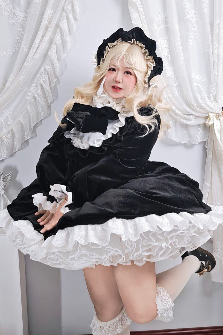 Black [Antique Velvet Doll] Stand Collar Long Sleeves Ruffled Bow Gothic Plus Size Lolita Dress