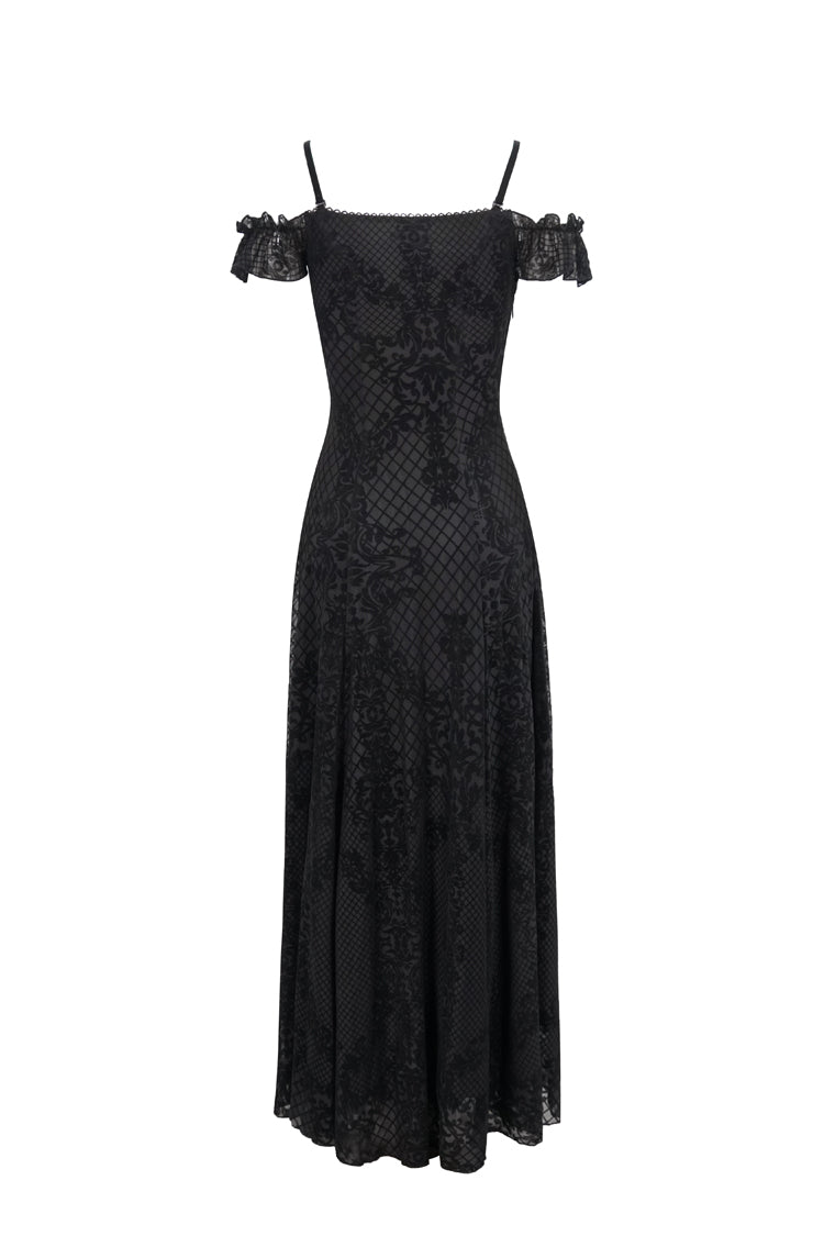 Black Velvet Lace Off Shoulder Ruffled Double Layer Slit Women's Gothic Dresses