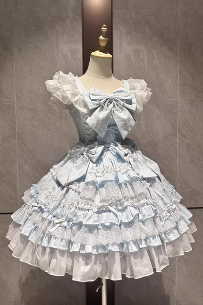 Blue [Snow Top Doll] Sleeveless Multi-Layered Ruffled Bow Lace Princess Sweet Lolita Tiered Dress