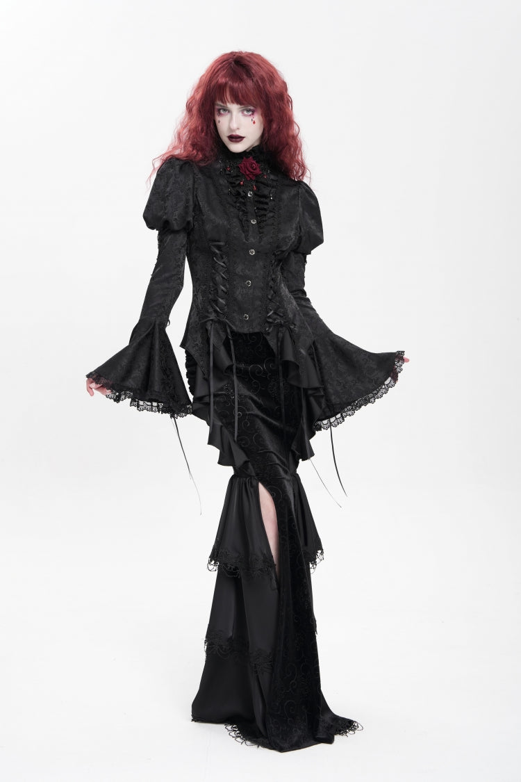 Black Stand Collar Long Puff Sleeves Floral Jacquard Lace-Up Women's Gothic Blouse