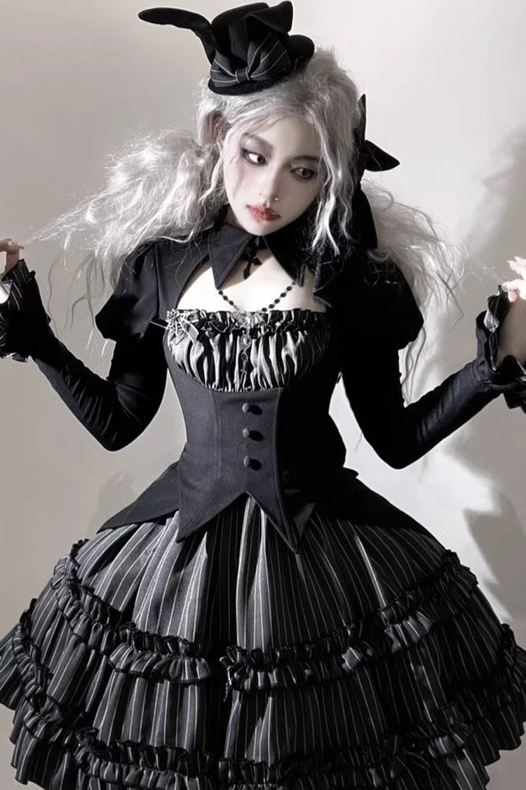 Black [Duke of the Trap Rabbit] Long Sleeves Stripe Print Ruffle Bowknot Lace Gothic Lolita Dress
