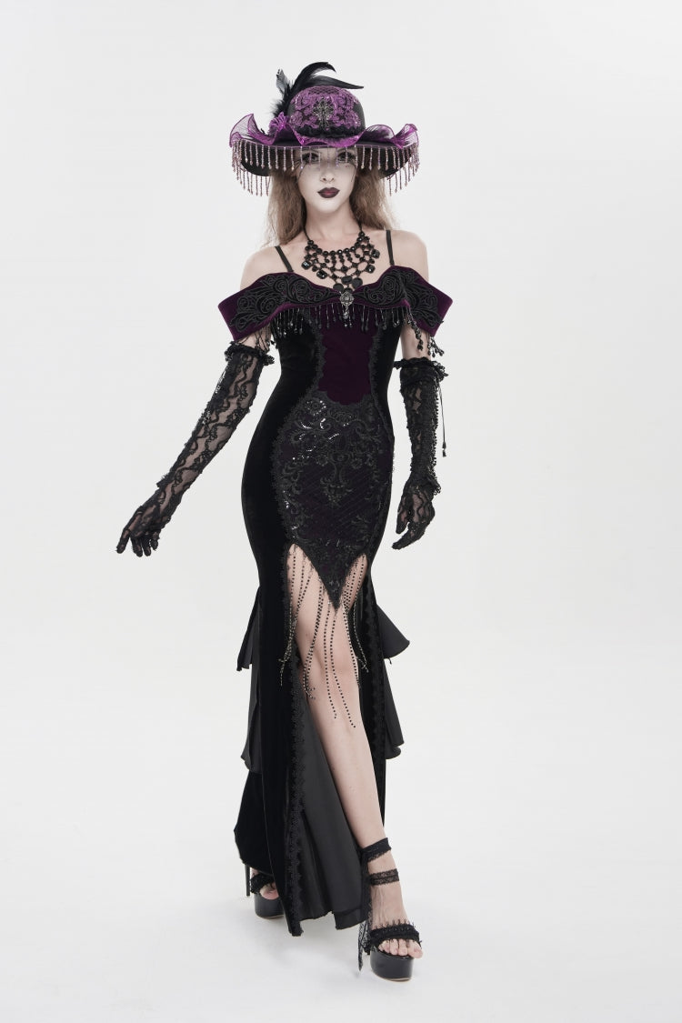 Black/Purple Off Shoulder Sleeveless Embroidered Lace Slim Women's Gothic Gorgeous Strapless Dress