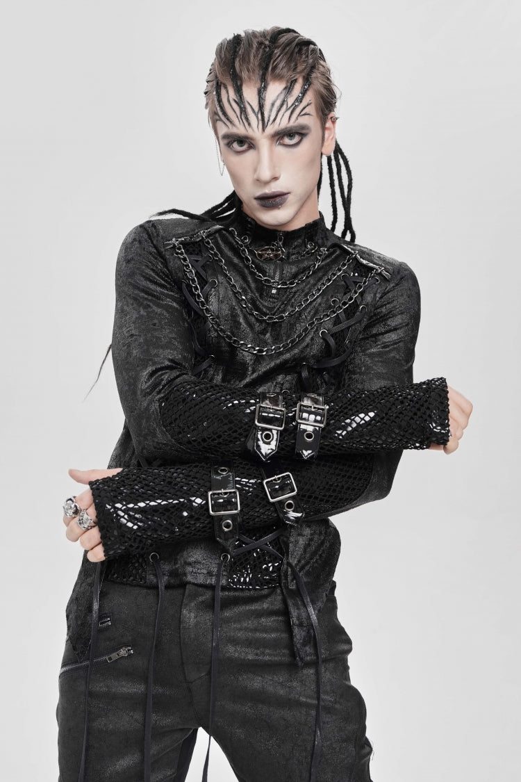 Black Stitching Lace-Up Mesh Chain Men's Punk Blouse