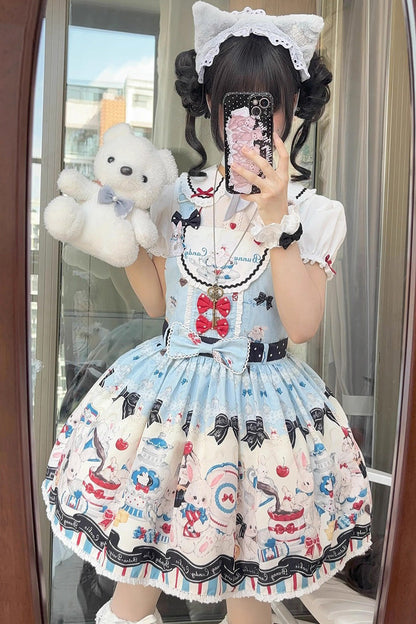 Blue [Mystery Rabbit Tea Party] Sleeveless Print Bowknot Lace Sweet Lolita Strap Dress