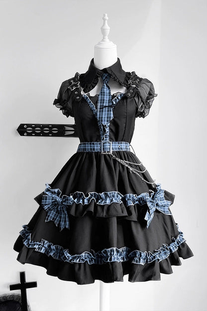 Black [Dark Night Starlight] Chain Ruffle Bowknot Lace Buckle Gothic College Style Lolita Dress Set