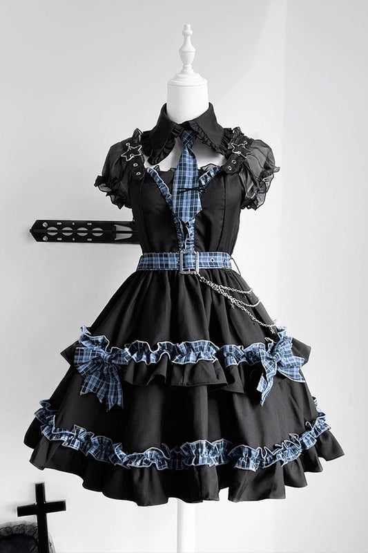 Black [Dark Night Starlight] Chain Ruffle Bowknot Lace Buckle Gothic College Style Lolita Dress Set