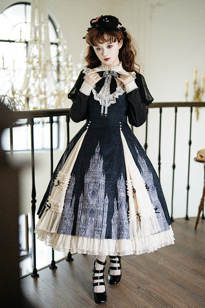 Black/White Church Bells Print Ruffle Cardigan Bowknot Gothic Elegant Lolita Dress
