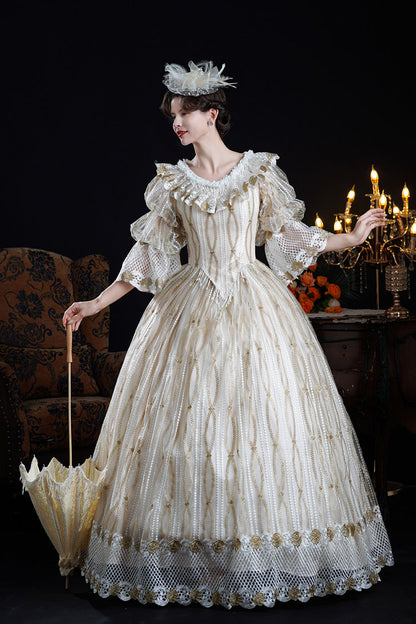 Champagne Long Puff Sleeves Ruffled Cut-Out Mesh Classic Vintage Palace Lolita Victorian Dress