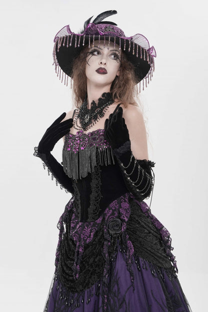 Black/Purple Lace-Up Women's Gothic Embroidered Tassels  Overbust Corset
