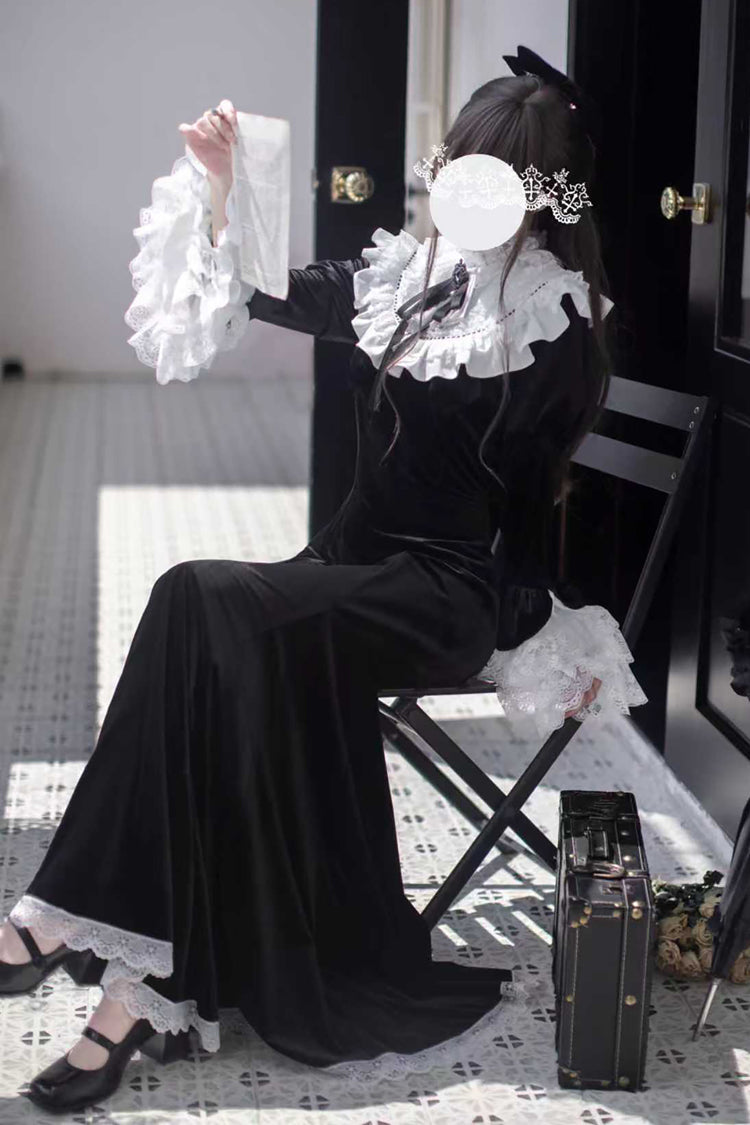 Black [Raven-Feather Poetic Letter] Velvet Long Hime Sleeves Ruffle Bowknot Gothic Elegant Lolita Fishtail Dress
