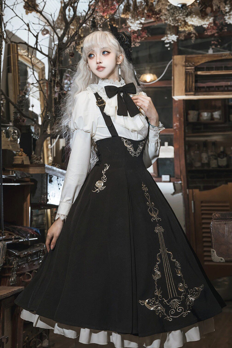 Black/White [Violin Variations] Ruffled Embroidered Gothic Lolita Jumper Dress Set