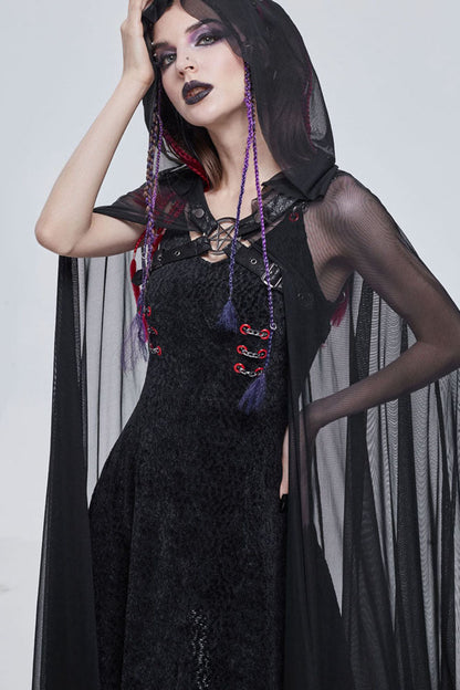 Black Punk Cross Leather Straps On Chest Design Metal Five-Pointed Star Decoration Long Hooded Women's Cape